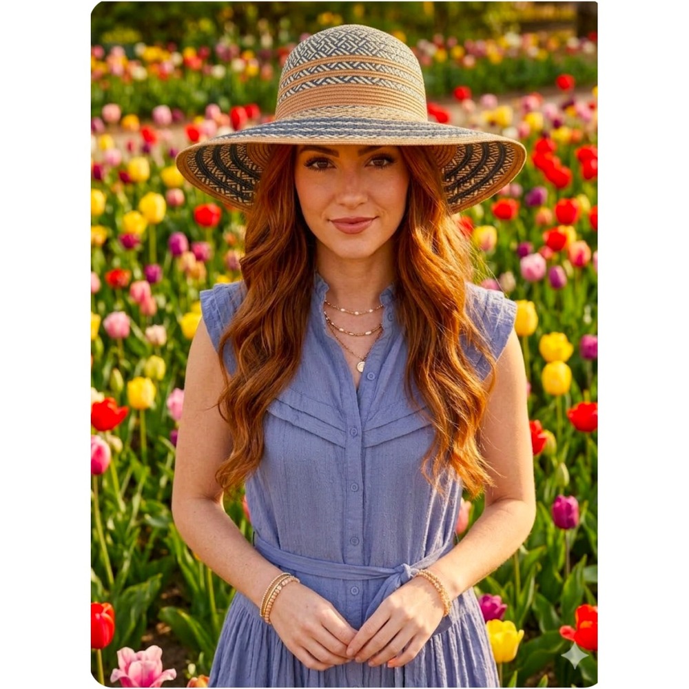 ALDO Womens Wide Brim Sun Hat Navy Blue Tan Geometric Woven Floppy Straw Hat ML